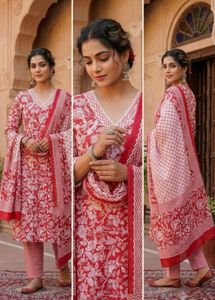 Red Floral Print Kurta Set with Dupatta