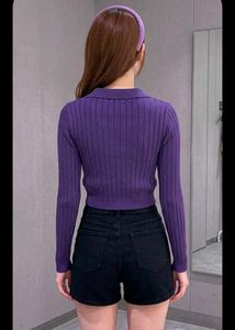 Purple Cable Knit Collared Crop Sweater