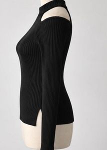 Black Ribbed Cold Shoulder Turtleneck Top