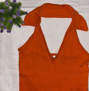 Orange Ribbed Halter Neck Top