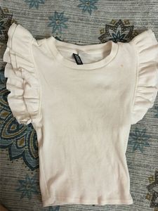 H&amp;M White Ribbed Ruffle Sleeve Top