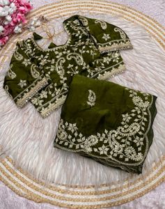 Olive Green Embroidered Silk Saree