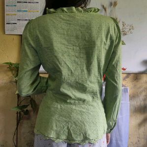 Green Peplum Blouse with Eyelet Detail