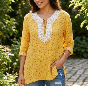 Yellow Floral Kurta with Embellished Neckline