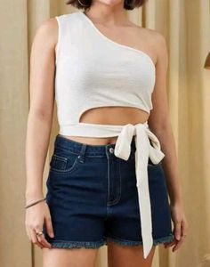 Shein One Shoulder Tie-Up Detail Textured Crop Top