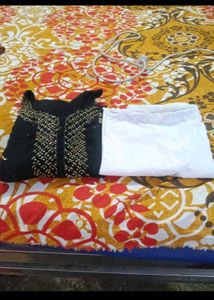 embroidery Black Kurta with White zip Pants Set
