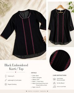 Black Embroidered Georgette Kurti Top | 3/4 Sleeve