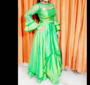 Lime Green Designer Blouse Top Lehenga With Cancan