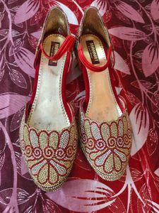 Embellished Red & Gold Flat Shoes