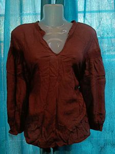 Brown V-Neck Long Sleeve Top