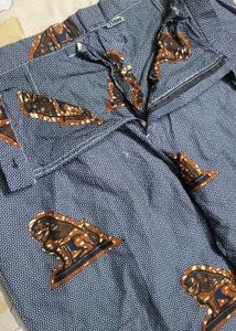 Blue Lion Print Wide Leg Trousers