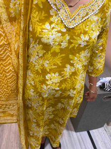 Vibrant Yellow Floral Kurta pant dupta set