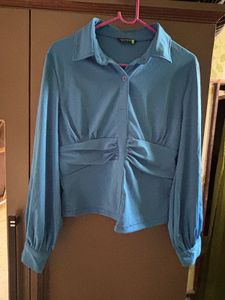 Blue Ruched Button-Up Shirt