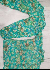 Beautiful Teal Leaf Print Kurta Set