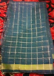 Elegant Teal Saree with Silver Checks