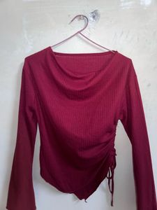 Maroon Ribbed Ruched Long Sleeve Top