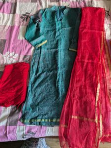 Teal Kurta Set with Red Dupatta