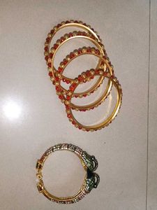 Red & Gold Bangle Set with Peacock Kada