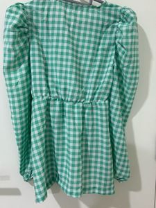 Green Gingham Puff-Sleeve Peplum Top