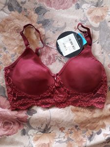 maroon cotton non padded lace bra 32