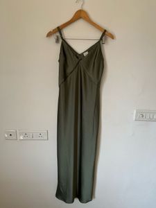 V-Neck Satin Slip Midi Dress in Olive Green