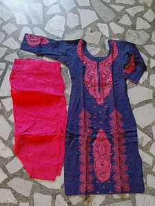 Embroidered Blue &amp; Pink Kurta Set