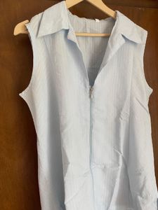 Light Blue Striped Sleeveless Zip-Up Top