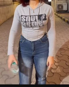 Gray Graphic Print Hoodie Top