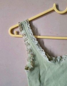 Green Ribbed Bodysuit with Lace Trim