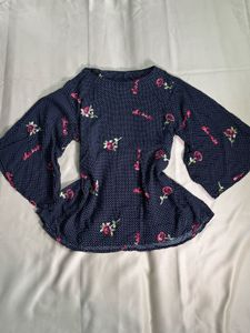 Navy Blue Floral Print Bell Sleeve Top