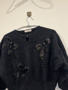 Vintage Black Beaded Bow Sweater