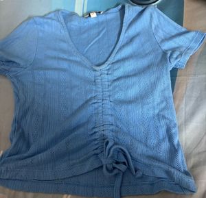 Blue Ruched Drawstring Crop Top