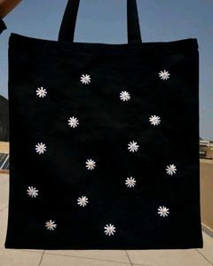 Daisy Embroidered Black Tote Bag