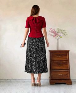 Elegant Red Top with Printed Skirt Set