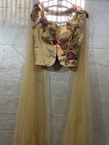 Elegant Gold &amp; Pink Brocade Lehenga Set