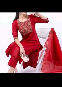 Elegant Red Embroidered Kurta Set with Dupatta