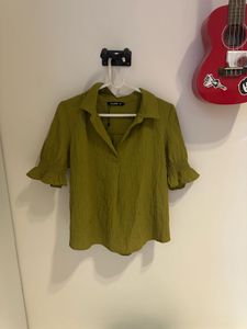 Olive Green Textured Puff Sleeve Top
