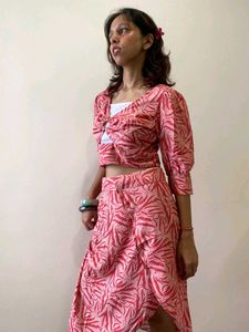 Stylish Pink Leaf Print wrap skirt and crop top