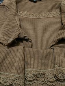 Brown Korean Lace Trim Ribbed Top