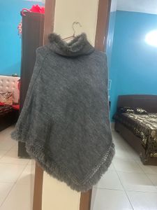 Gray Faux Fur Poncho