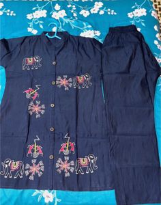 Navy Blue Elephant Print Kurta Set
