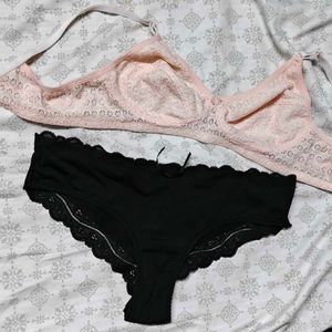Light Pink Lace Bra + Black Panty Set