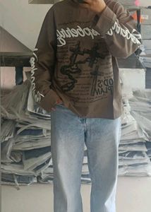 Oversized Graphic Print Long Sleeve Top (waffle  T