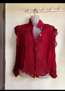 Sheer Red Button-Up Blouse