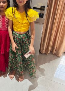Girls Yellow Ruffled Crop Top & Floral Skirt