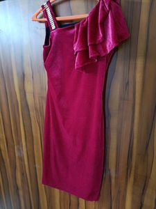 Velvet One-Shoulder Dress with Rhinestone Strap