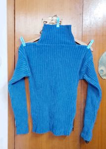 Blue Turtleneck Ribbed Sweater