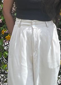 Cream Pleated High-Waist Trousers
