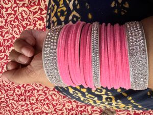 Set of Pink Velvet Bangles with rhinestones Chur