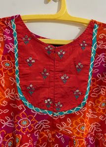 orange pink bandhani print kurta cum gown